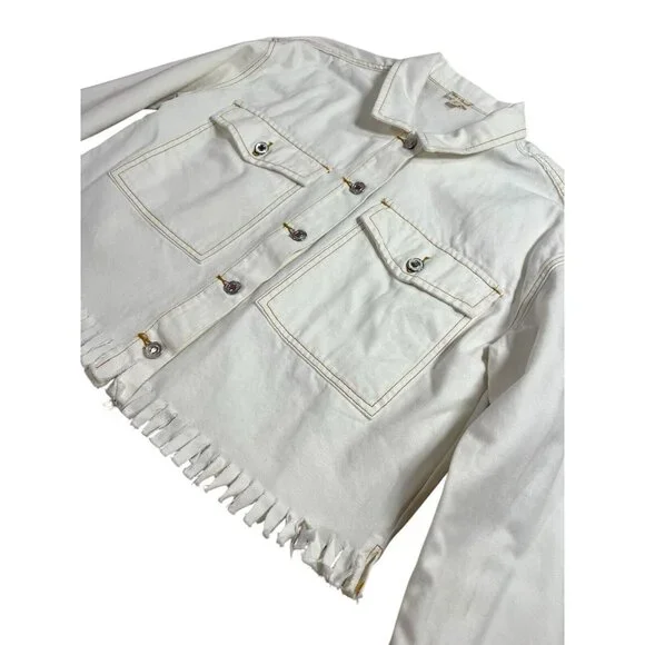 ANTHROPOLOGIE Hem & thread white jean jacket Frayed Hem 100% Cotton Size Large - Picture 5 of 10